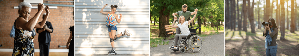 verzamelbeeld van diverse activiteiten: dansen, skaten, rolstoeldansen en fotograferen