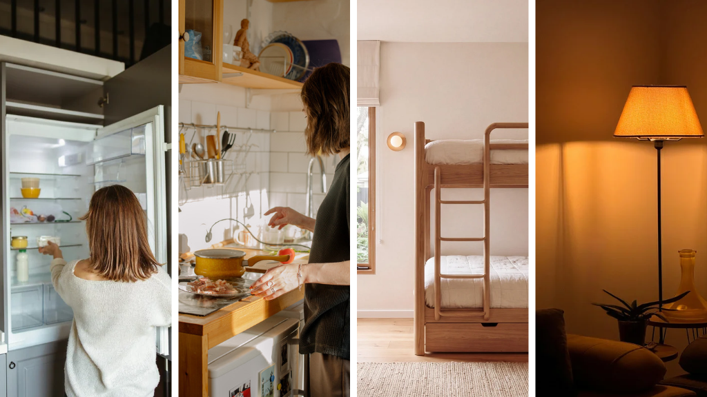 Samengesteld beeld met dame bij een koelkast, bij een kookstel, een stapelbed en een staande lamp